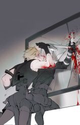 Rule 34 | 2boys, aged down, arm up, battle, belt, black coat, black footwear, black gloves, black pants, black tank top, blonde hair, blood, blood in hair, blood on face, blood on mirror, blood on wall, boots, broken mirror, closed eyes, cloud strife, coat, crack, final fantasy, final fantasy vii, final fantasy vii advent children, final fantasy vii ever crisis, gloves, grey hair, highres, holding, holding sword, holding weapon, holster, in-franchise crossover, injury, kiss, knee boots, kneeling, leaning forward, male focus, mirror, multiple boys, pants, pinned, rucck2, scabbard, sephiroth, sheath, short hair, sitting, stab, sword, tank top, toned, toned male, waist cape, weapon, weapon on back, yaoi