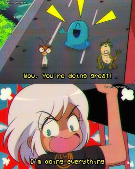 1990s_(style) 1girl 3boys :d angry anime_coloring animification b.o.b._(monsters_vs._aliens) blob blue_eyes blue_sky brenni_murasaki bug closed_eyes cloud cloudy_sky cockroach commentary derivative_work dr._cockroach english_text fish giant giantess ginormica golden_gate_bridge highres insect lab_coat medium_hair missing_link_(monsters_vs._aliens) monsters_vs._aliens multiple_boys open_mouth retro_artstyle road screenshot_redraw sky smile subtitled thumbs_up white_hair