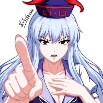 1girl blue_dress blue_hair blue_hat breasts cleavage commentary dress hat highres kamishirasawa_keine large_breasts long_hair looking_at_viewer open_mouth pointing pointing_at_viewer puffy_short_sleeves puffy_sleeves red_eyes shgngzhngdeyti1 short_sleeves simple_background solo touhou white_background