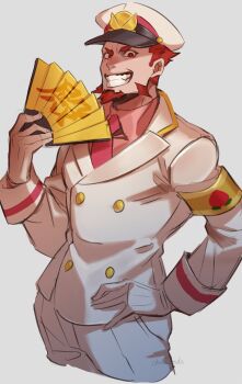 1boy 2bro. absurdres commentary_request folding_fan gloves grin hand_fan highres jacket long_sleeves male_focus mature_male necktie orange_eyes orange_hair otoja_(2bro.) pants red_necktie saida_(ohda_ooda) single_glove smile solo white_background white_gloves white_jacket white_pants