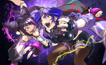 2girls aqua_nails baggy_pants battle black_collar black_hair black_shorts bracelet breasts chaps collar commentary cone_hair_bun crazy_eyes crazy_smile crop_top crossover diagonal_bangs drill_hair duel electricity eyepatch fangs fighting fighting_stance fingerless_gloves gloves glowing glowing_eye hair_bun hair_horns han_juri jacket jewelry midriff multicolored_hair multiple_girls nail_polish open_mouth pants pantyhose purple_eyes purple_hair purple_jacket reina_(tekken) short_hair shorts smile spiked_bracelet spiked_collar spikes streaked_hair street_fighter street_fighter_6 teeth tekken tekken_8 tongue tongue_out twin_drills yuumura_ch
