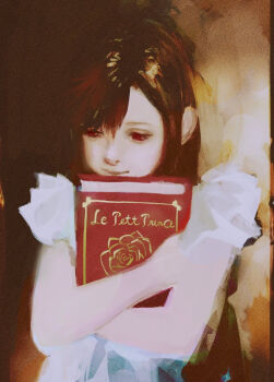 1girl aged_down bare_arms black_hair book closed_mouth dress final_fantasy final_fantasy_vii final_fantasy_vii_remake frilled_sleeves frills highres holding holding_book hugging_book hugging_object le_petit_prince long_hair red_eyes smile solo tifa_lockhart tori_(labyrinth_fft) upper_body white_dress