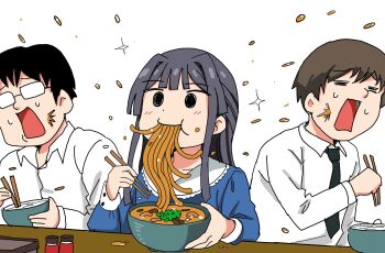 1girl 2boys black_hair black_necktie brown_hair chopsticks collared_shirt eating food glasses hair_intakes highres holding holding_chopsticks idolmaster idolmaster_million_live! kyousaru long_hair long_sleeves messy_eater mogami_shizuka multiple_boys necktie noodles opaque_glasses open_mouth shirt simple_background slurping soup sparkle udon water_drop white_background white_shirt