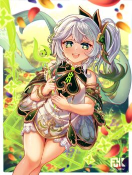 1girl absurdres bare_shoulders blurry blurry_background blush border braid commentary cowboy_shot cross-shaped_pupils double-parted_bangs dress english_commentary fuk4ku genshin_impact green_eyes green_hair hair_ornament highres holding long_hair looking_at_viewer multicolored_hair nahida_(genshin_impact) open_mouth outside_border pointy_ears short_dress side_ponytail smile solo symbol-shaped_pupils two-tone_hair white_border white_dress white_hair