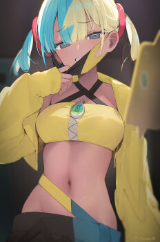 1girl absurdres aqua_hair black_hair black_mask black_pants blonde_hair blue_eyes blue_pants blush breasts canari_(pokemon) center-flap_bangs commentary criss-cross_halter crop_top dark-skinned_female dark_skin fake_hair_bun gen_4_pokemon groin halterneck highres jacket looking_at_viewer mask mask_pull medium_breasts mega_ring mega_stone midriff mouth_mask multicolored_hair navel nintendo pants pokemon pokemon_legends:_z-a rotom rotom_phone shin_no_tenpii short_twintails smile solo split-color_hair sports_bra stomach twintails two-tone_hair two-tone_mask two-tone_pants yellow_jacket yellow_mask yellow_sports_bra