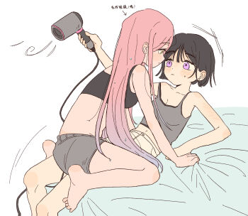 2girls alien_stage barefoot black_bra black_hair blue_hair bra camisole chinese_commentary chinese_text coldmeow commentary_request feet gradient_hair grey_camisole grey_shorts hair_dryer highres holding holding_hair_dryer long_hair mizi_(alien_stage) multicolored_hair multiple_girls pink_hair purple_eyes short_hair shorts soles sua_(alien_stage) toes traditional_chinese_text two-tone_hair underwear very_long_hair white_shorts yellow_eyes yuri