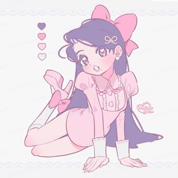 1girl bow buttons dress eyelashes fingernails frills full_body hair_bow hair_ornament hairclip heart high_heels highres juliet_sleeves kneehighs large_bow lips long_hair long_sleeves looking_afar mellownote mole mole_under_mouth nail_polish open_mouth original pink_bow pink_dress pink_eyes pink_lips pink_nails pink_shoes pink_theme polka_dot puffy_sleeves purple_hair shoes socks solo square