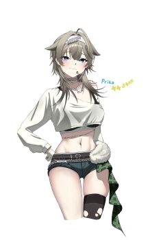 1girl absurdres ahoge animal_ears belt black_bra blue_eyes blush bra breasts brown_belt cat_necklace character_name choker closed_mouth commentary cropped_legs cropped_shirt double-parted_bangs goddess_of_victory:_nikke grey_choker grey_hair hairband hand_on_own_hip headset highres jewelry konpeki_no_sora_(artist) large_breasts long_hair looking_at_viewer midriff navel necklace prika_(nikke) shirt short_shorts shorts simple_background single_bare_shoulder single_off_shoulder single_thighhigh solo star_(symbol) star_necklace thighhighs torn_clothes torn_thighhighs underwear white_background white_hairband white_shirt