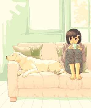 Rule 34 | barefoot, couch, cup, dog, drinking, feet, hair ornament, hairclip, highres, pillow, red eyes, sitting, window