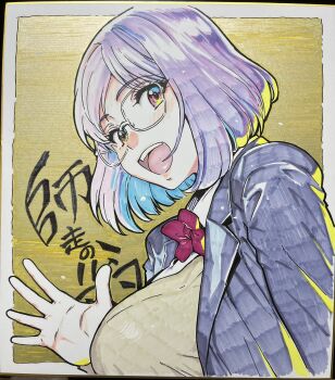 blazer breasts colorized commentary_request glasses greeting highres jacket large_breasts looking_at_viewer medium_hair open_mouth please!_freeze!_please! purple_hair red_eyes ribbon school_uniform shikishi shiwasu_no_okina signed tagme traditional_media yellow_background