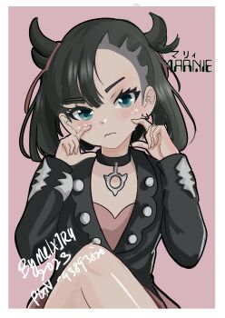 Rule 34 | 1girl, absurdres, aqua eyes, asymmetrical bangs, black choker, black hair, black jacket, blush, border, choker, crossed legs, dress, earrings, hair ribbon, hands up, highres, jacket, jewelry, light frown, looking at viewer, marnie (pokemon), melissa v2, nintendo, open clothes, open jacket, pink background, pink dress, pokemon, pokemon swsh, ribbon, simple background, sitting, solo, twintails, undercut, wavy mouth, white border