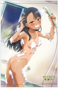 1girl :3 ass black_hair blush breasts brown_eyes convenient_censoring ear_piercing earrings female_focus foam ijiranaide_nagatoro-san jewelry long_hair looking_at_viewer nagatoro_hayase nude official_art piercing shampoo showering small_breasts soap_bubbles soap_censor solo tan tanline third-party_edit tomboy water