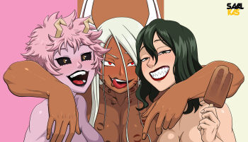 animal_ears ashido_mina black_sclera boku_no_hero_academia breasts cleavage colored_sclera colored_skin dark_skin food green_hair highres ice_cream implied_kiss licking_lips lipstick long_hair makeup mirko pink_hair pink_skin rabbit_ears savalkas short_hair tokage_setsuna tongue tongue_out white_hair
