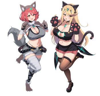 2girls absurdres animal_ears animal_hands black_bra black_skirt black_thighhighs blonde_hair bra breasts cat_ears cat_girl cat_tail chest_jewel cleavage commentary commission english_commentary fake_animal_ears fake_tail gloves grey_bra grey_shorts highres large_breasts long_hair miniskirt multiple_girls mythra_(xenoblade) namu_(112namu) navel paw_gloves pyra_(xenoblade) red_eyes red_hair second-party_source short_hair short_shorts shorts skirt standing standing_on_one_leg tail thighhighs underwear wolf_ears wolf_girl wolf_tail xenoblade_chronicles_(series) xenoblade_chronicles_2 yellow_eyes
