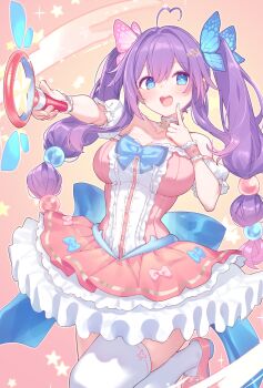 1girl :d absurdres ahoge back_bow bare_shoulders blue_bow blue_bowtie blue_eyes blush bow bowtie breasts butterfly_hair_ornament cleavage commentary commission cowboy_shot detached_sleeves dress hair_ornament heart heart_ahoge highres hiraga_matsuri holding holding_wand large_breasts leg_up long_hair looking_at_viewer open_mouth original pink_background pink_dress pink_shoes purple_hair shoes short_sleeves skeb_commission smile solo strapless strapless_dress thighhighs twintails wand white_sleeves white_thighhighs