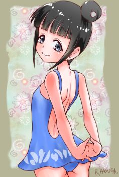1girl arched_back arms_behind_back ass backless_swimsuit black_hair blue_eyes blue_one-piece_swimsuit closed_mouth cowboy_shot female_focus flat_ass flat_chest from_behind green_background hair_bun interlocked_fingers kunoichi_tsubaki_no_mune_no_uchi looking_at_viewer looking_back mokuren_(kunoichi_tsubaki_no_mune_no_uchi) one-piece_swimsuit petite rurito0725 short_hair simple_background single_hair_bun smile solo standing swimsuit turning_head
