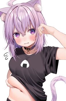 1girl ahoge animal_ear_fluff animal_ears arm_up belly_grab belt_collar black_choker black_shirt blush breasts cat_ears cat_girl cat_pendant cat_tail choker clothes_lift collar embarrassed food_print hand_on_own_stomach highres hololive lips medium_breasts medium_hair navel nekomata_okayu onigiri_print pendant_choker plump purple_eyes purple_hair sahochan_(mtxz4584) shirt shirt_lift solo standing sweat t-shirt tail virtual_youtuber white_background