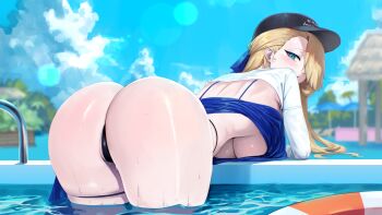 1girl absurdres ass bikini bikini_bottom_only black_bikini black_hat blonde_hair blue_dress blue_eyes blue_sky blurry blush bokeh breasts brown_dust_(series) brown_dust_2 cloud cloudy_sky dalcom day depth_of_field dress hair_over_one_eye hat highres huge_ass large_breasts long_hair looking_at_viewer looking_back outdoors pool pool_ladder poolside shrug_(clothing) skindentation sky solo string_bikini swimsuit thick_thighs thigh_strap thighs thong_bikini underboob white_shrug wilhelmina_(brown_dust) wilhelmina_(water_park_queen)_(brown_dust)