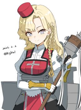 1girl absurdres bigkwl blonde_hair blue_eyes braid closed_mouth commentary dated dated_commentary eidsvold_(kancolle) gloves grey_vest hat highres juliet_sleeves kantai_collection long_hair long_sleeves looking_at_viewer one-hour_drawing_challenge parted_bangs puffy_sleeves red_hat shirt simple_background smile solo twin_braids twitter_username upper_body vest white_background white_gloves white_shirt