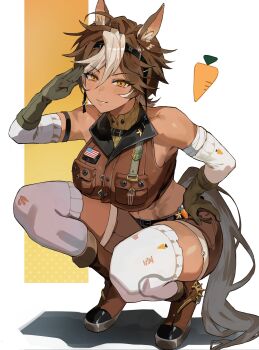 1girl ahoge american_flag animal_ear_fluff animal_ears arm_strap arm_wrap badge bare_shoulders belt blush boots breast_pocket breasts brown_boots brown_eyes brown_gloves brown_hair brown_shorts brown_vest button_badge carrot chevron_(symbol) colored_inner_hair commentary dark-skinned_female dark_skin detached_sleeves english_commentary gloves hair_between_eyes hand_on_own_hip hand_up highres horse_ears horse_girl horse_tail indie_virtual_youtuber large_breasts looking_at_viewer multicolored_hair navel park_ongjol parted_lips pocket pouch salute second-party_source shadow short_hair short_shorts shorts smile solo squatting star_(symbol) star_in_eye streaked_hair symbol_in_eye tail thighhighs thighs tomoe_umari tomoe_umari_(umari_3.0) torn_clothes torn_thighhighs vest virtual_youtuber white_hair white_sleeves white_thighhighs