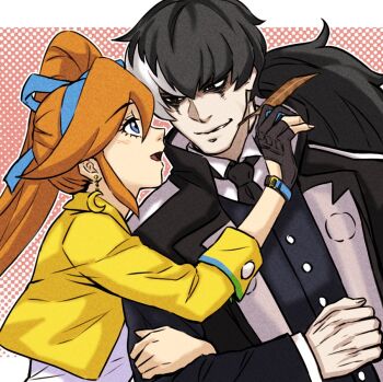 1boy 1girl :d ace_attorney athena_cykes bei_(dali6006) black_gloves black_hair black_jacket black_necktie blue_bow blue_eyes blue_hairband blush bow bow_hairband collared_shirt commentary_request crescent crescent_earrings cropped_jacket earrings feathers gloves hair_bow hairband holding holding_another's_arm holding_feather jacket jewelry long_sleeves looking_at_another multicolored_hair necktie open_mouth orange_hair partially_fingerless_gloves shirt simon_blackquill simple_background single_feather smile two-tone_hair upper_body white_hair white_shirt yellow_jacket