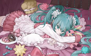 1girl alternate_costume aqua_eyes aqua_hair commentary daokweok donut english_commentary food frilled_pillow frills hatsune_miku highres lol_-lots_of_laugh-_(vocaloid) long_hair long_sleeves looking_at_viewer lying miniskirt on_stomach pillow pink_sailor_collar pink_skirt sailor_collar school_uniform serafuku shirt skirt solo stuffed_animal stuffed_toy twintails very_long_hair vocaloid white_shirt