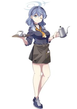 1girl ;) ako_(blue_archive) alternate_costume apron black_choker black_shirt blue_archive blue_eyes blue_hair bracelet brown_apron choker clipboard coffee coffee_pot collarbone collared_shirt commentary_request cup disposable_cup dual_wielding full_body hair_between_eyes hairband halo head_tilt highres holding holding_tray jewelry long_hair long_sleeves looking_at_viewer mug name_tag necklace one_eye_closed pen pendant shirt shoes sidelocks simple_background sleeves_rolled_up smile sneakers solo standing tray waist_apron waitress white_background yukimi_unagi
