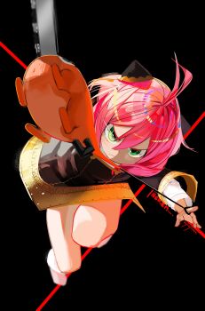 1girl absurdres anya_(spy_x_family) black_background blush chainsaw chainsaw_man child demon eden_academy_school_uniform eye_trail floating green_eyes hairpods handle highres holding holding_chainsaw light_trail pet pink_hair pochita_(chainsaw_man) pull_cord pulling school_uniform spy_x_family tngkbmarlon