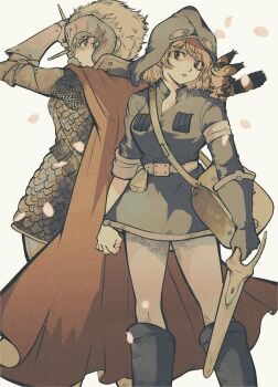 2girls arm_up armor asymmetrical_sleeves aviator_cap bag belt black_boots blonde_hair boots breasts cape cleavage closed_mouth commentary commission creature creature_on_shoulder dress earrings english_commentary falling_petals feet_out_of_frame gloves headphones holding holding_sword holding_weapon jewelry kaze_no_tani_no_nausicaa knee_boots kushana looking_at_another mechanical_arms medium_breasts multiple_girls nausicaa on_shoulder parted_lips petals pikurusu profile red_cape scabbard scale_armor sheath sheathed short_dress short_hair shoulder_bag sideways_glance single_glove single_mechanical_arm skeb_commission standing sword teto_(nausicaa) uneven_sleeves weapon white_belt