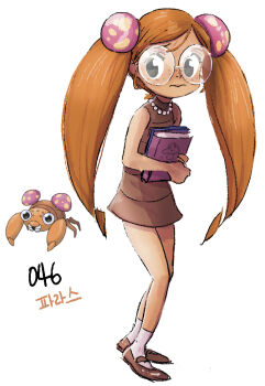 1girl bare_arms black_eyes book brown_dress brown_hair closed_mouth dress freckles full_body gen_1_pokemon holding holding_book jewelry long_hair mary_janes necklace nintendo paras pearl_necklace personification pokemon round_eyewear shoes simple_background smile socks tamtamdi translated twintails white_background white_socks