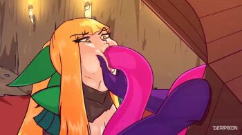 1girl animated animated_gif annoyed armor blonde_hair blunt_bangs bow breasts cave deepthroat derpixon elf fandeltales fantasy fellatio fey_(fandeltales) french_kiss hair_bow hand_on_another's_face kiss licking medium_breasts mimic mimic_chest monster oral pointy_ears rape restrained ribbon saliva shoulder_armor tongue torn_clothes