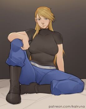 1girl black_shirt blonde_hair blue_pants boots fullmetal_alchemist kalruna pants riza_hawkeye shirt solo