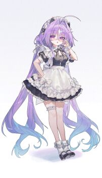 1girl ahoge apron black_dress black_shoes blue_hair breasts commentary_request crossed_bangs dress frilled_apron frilled_dress frilled_headwear frilled_socks frilled_thigh_strap frills full_body funa_(sakana) gradient_hair hair_between_eyes hair_intakes highres hunae_(funa_(sakana)) long_hair looking_at_viewer low_twintails maid maid_apron maid_headdress mary_janes medium_breasts multicolored_hair open_mouth original puffy_short_sleeves puffy_sleeves purple_eyes purple_hair shoes short_sleeves sidelocks simple_background socks solo standing thigh_strap twintails very_long_hair white_apron white_background white_socks