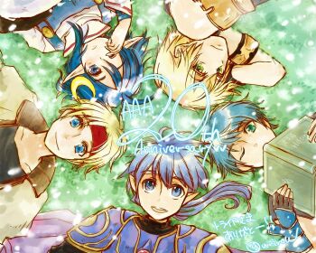 Rule 34 | 1girl, armor, blonde hair, blue eyes, blue hair, book, cape, claude c. kenny, closed mouth, crescent, crescent hair ornament, edge maverick, fayt leingod, fingerless gloves, gloves, grass, hair ornament, headband, highres, jacket, multiple boys, one eye closed, open mouth, pointy ears, ponytail, rena lanford, roddick farrence, short hair, smile, star ocean, star ocean: first departure, star ocean: the last hope, star ocean: the second story, star ocean: till the end of time, urihara84