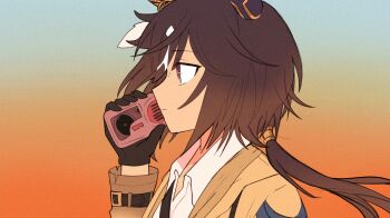 1girl animal_ears black_gloves brown_hair commentary english_commentary expressionless floating_hair from_side gloves gradient_background highres horse_ears horse_girl light_frown long_hair low_ponytail netsu_ijou_(utau) operajoshi ponytail portrait solo stay_gold_(umamusume) umamusume