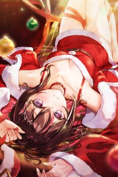 1girl arms_up azki_(hololive) bare_legs bare_shoulders belt belt_buckle blush breasts brown_hair buckle christmas christmas_ornaments cleavage collar collarbone commentary_request detached_sleeves dress fingernails fur-trimmed_dress fur-trimmed_sleeves fur_trim glint hair_ornament hairclip highres hololive knees_up long_fingernails long_hair long_sleeves looking_at_viewer lying medium_breasts mole mole_under_eye multicolored_hair nail_polish on_back parted_lips pink_hair pink_nails purple_eyes red_dress red_ribbon ribbon santa_costume santa_dress solo thigh_gap two-tone_hair upside-down virtual_youtuber yuki_haru