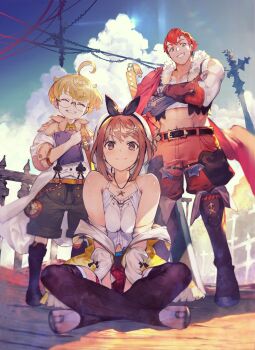 1girl 2boys absurdres atelier_(series) atelier_ryza atelier_ryza_1 atelier_ryza_2 atelier_ryza_3 bare_shoulders beret book brown_hair cloud crossed_arms glasses hair_ornament hairclip hat highres holding holding_book indian_style jacket jewelry lent_marslink looking_at_viewer multiple_boys necklace off_shoulder outdoors red_shorts reisalin_stout round_eyewear short_hair shorts sitting smile solo star_(symbol) star_necklace tao_mongarten thighhighs toridamono