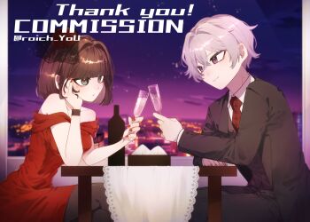 1boy 1girl black_suit black_thighhighs blunt_bangs brown_hair champagne_flute city_lights closed_mouth crossed_legs cup dress drinking_glass eye_contact formal_clothes from_inside from_side grey_eyes hair_between_eyes hand_on_own_chin hat highres indoors light_smile looking_at_another medium_hair mini_person mole mole_under_eye nail_polish necktie night night_sky off_shoulder pmchell_04 purple_hair red_dress red_hat red_nails red_necktie restaurant short_hair sitting sky suit tablecloth thighhighs toasting_(gesture) vest window