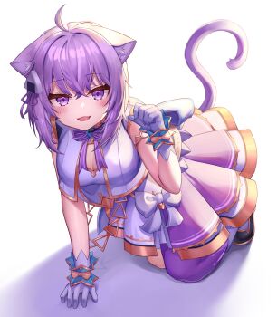 1girl absurdres ahoge animal_ears bad_id bad_twitter_id blush breasts cat_ears cat_tail deaver food-themed_hair_ornament gloves hair_ornament hand_up highres hololive looking_at_viewer medium_breasts nekomata_okayu pink_skirt purple_eyes purple_gloves purple_hair purple_legwear short_hair simple_background skirt smile solo tail virtual_youtuber white_background