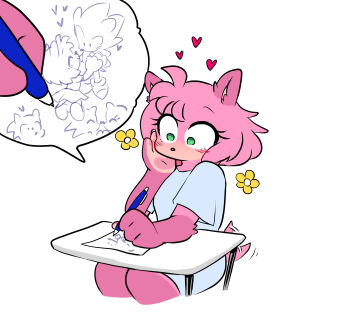 absurdres alternate_universe amy_rose blush character_drawing_themselves cheek_rest coat commentary constricted_pupils desk distracted drawing_(action) drawing_(object) elbow_rest english_commentary eyelashes flustered furry furry_female hand_on_own_cheek hand_on_own_face heart hedgehog_girl highres holding holding_pen hospital_gown imagining pen pink_fur quaverdraws sitting solo sonic_the_hedgehog tail tail_wagging white_coat