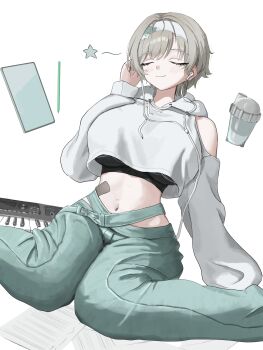 1girl bandaid_on_stomach bare_shoulders black_sports_bra breasts closed_eyes closed_mouth clothing_cutout commentary cropped_hoodie cup drawstring earphones goddess_of_victory:_nikke green_pants grey_hair hair_between_eyes headband highres hood hood_down hoodie instrument keyboard_(instrument) large_breasts listening_to_music long_sleeves mejiro_karasu midriff mole mole_on_stomach navel pants prika_(cool_paprika)_(nikke) prika_(nikke) sheet_music short_hair shoulder_cutout sidelocks simple_background sitting smile solo sports_bra star_(symbol) stylus tablet_pc wariza white_background white_headband white_hoodie