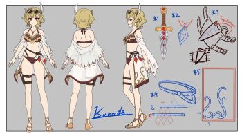 1girl alternate_costume artist_name bare_arms bare_back bare_legs bare_shoulders bikini blonde_hair border breasts brown_bikini citrinne_(fire_emblem) cleavage closed_mouth commentary commission dagger earrings english_commentary english_text eyewear_on_head feather_hair_ornament feathers fire_emblem fire_emblem_engage gold_trim grey_background hair_ornament halterneck highres holding holding_dagger holding_knife holding_weapon holster hoop_earrings jewelry kanade20207 knife looking_ahead medium_breasts mismatched_earrings multiple_views navel necklace nintendo outside_border red_eyes reference_sheet sandals short_hair smile solo stomach sunglasses swimsuit thigh_holster vgen_commission weapon white_border wing_hair_ornament