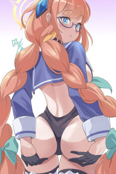 1girl absurdres ass backless_leotard black_gloves black_leotard blue-framed_eyewear blue_archive blue_shrug braid braided_twintails feather_hair feathers from_behind gloves half_gloves halo halter_leotard halterneck hands_on_own_ass highres leotard looking_at_viewer looking_back low_twin_braids nikulas_cage official_alternate_costume semi-rimless_eyewear shimiko_(blue_archive) shimiko_(magical)_(blue_archive) shrug_(clothing) solo super_highleg twin_braids yellow_feathers yellow_halo