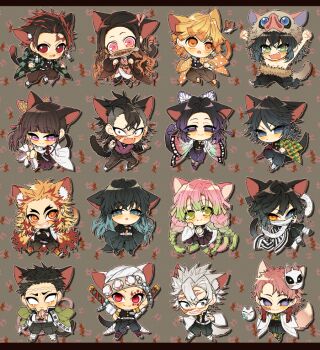 4girls 6+boys agatsuma_zenitsu animal_ears animal_print bird black_hair blonde_hair blue_eyes blue_hair butterfly_print cape cat_ears cat_tail chain chuntarou_(kimetsu_no_yaiba) closed_mouth coat demon_slayer_uniform gradient_hair green_eyes green_hair grey_background hair_slicked_back hand_up haori hashibira_inosuke headband himejima_gyoumei iguro_obanai japanese_clothes kaburamaru kamado_nezuko kamado_tanjirou kanroji_mitsuri kimetsu_no_yaiba kochou_shinobu long_hair long_sleeves looking_at_viewer low_ponytail multicolored_hair multiple_boys multiple_girls no_pupils open_mouth own_hands_together pink_eyes pink_hair ponytail purple_eyes red_eyes red_hair rengoku_kyoujurou sabito_(kimetsu) sapphire_(nine) shinazugawa_genya shinazugawa_sanemi side_ponytail simple_background smile snake snake_wrapped_around_neck sparrow streaked_hair sword tail tokitou_muichirou tomioka_giyuu tsuyuri_kanao uzui_tengen very_long_hair weapon white_cape white_coat white_hair wide_sleeves yellow_eyes