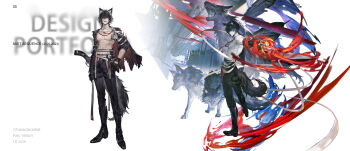 1boy abs animal_ears black_hair black_pants black_shoes character_request highres holding holding_sword holding_weapon jacket male_focus mist_sequence open_clothes open_jacket pants pectorals shoes sword tail toned toned_male weapon wolf wolf_boy wolf_ears wolf_tail yi_yuansu_san_gong
