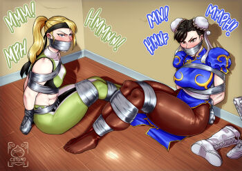 2girls artist_name bdsm black_hair blonde_hair blue_dress blue_eyes bondage boots bound bound_together capcom china_dress chinese_clothes chun-li commission double_bun dress floor full_body gag gagged glaring green_pants hair_bun improvised_gag indoors issa_castagno mortal_kombat_(series) muffled multiple_girls pants puffy_short_sleeves puffy_sleeves shadow short_sleeves sitting sonya_blade street_fighter tape tape_bondage tape_gag thighs white_footwear