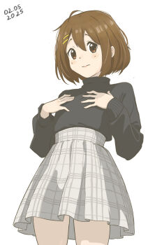 1girl absurdres ahoge andreypavlow black_sweater blush breasts brown_hair closed_mouth commentary embarrassed english_commentary feet_out_of_frame from_below grey_skirt hair_ornament hairclip hand_on_own_chest high-waist_skirt high_collar highres hirasawa_yui k-on! long_sleeves looking_at_viewer looking_to_the_side pleated_skirt short_hair simple_background skirt small_breasts solo sweater sweater_tucked_in thighs turtleneck white_background