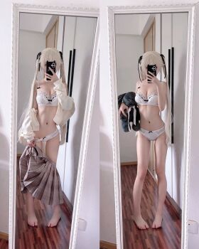 1girl bra clothes_pull cosplay_photo kasugano_sora mirror mirror_selfie panties photo_(medium) selfie skirt skirt_pull standing stuffed_animal stuffed_rabbit stuffed_toy taking_picture twintails underwear underwear_only white_bra white_panties yosuga_no_sora