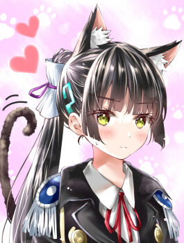 Rule 34 | 1girl, 3:, absurdres, animal ear fluff, animal ears, ayaro (genkiloobaii), black hair, black jacket, blunt bangs, blunt ends, blush, buttons, cat ears, cat girl, cat tail, closed mouth, collared shirt, commentary request, double-breasted, extra ears, eyelashes, frown, green eyes, heart, heaven burns red, highres, hime cut, jacket, kemonomimi mode, long hair, looking at viewer, motion lines, natsume inori, neck ribbon, paw print, pink background, ponytail, red ribbon, ribbon, shirt, sidelocks, simple background, solo, split mouth, straight hair, sweatdrop, tail, tail raised, upper body, white shirt