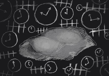 1boy analog_clock black_background black_hair blanket clock head_on_pillow highres male_focus omori pillow short_hair solo sun_iiinu sunny_(omori) under_covers